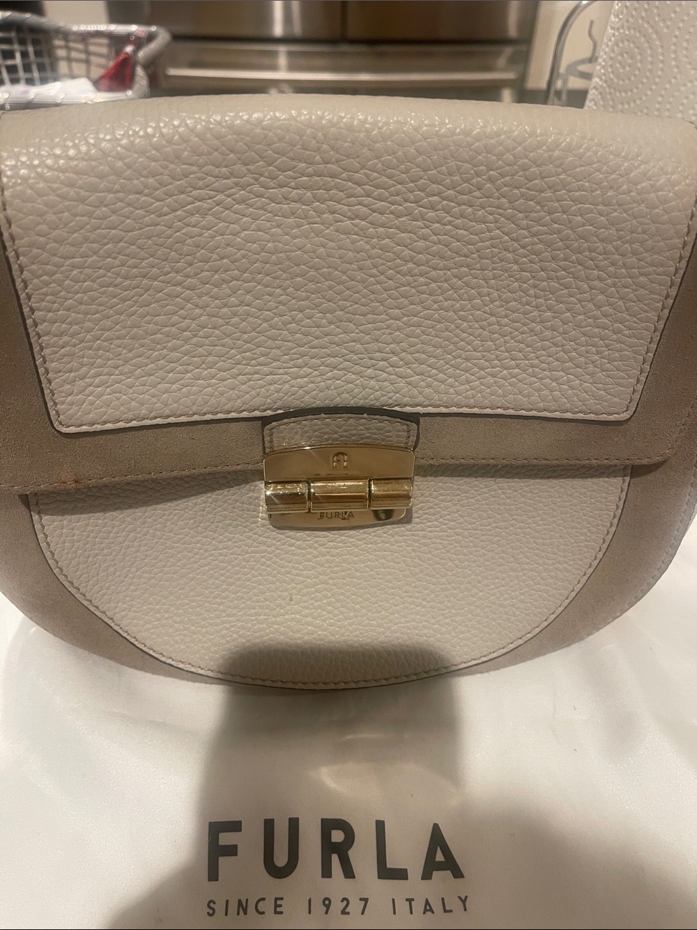 Furla Beige and Cream Leather Crossbody Saddle Bag with Gold Hardware